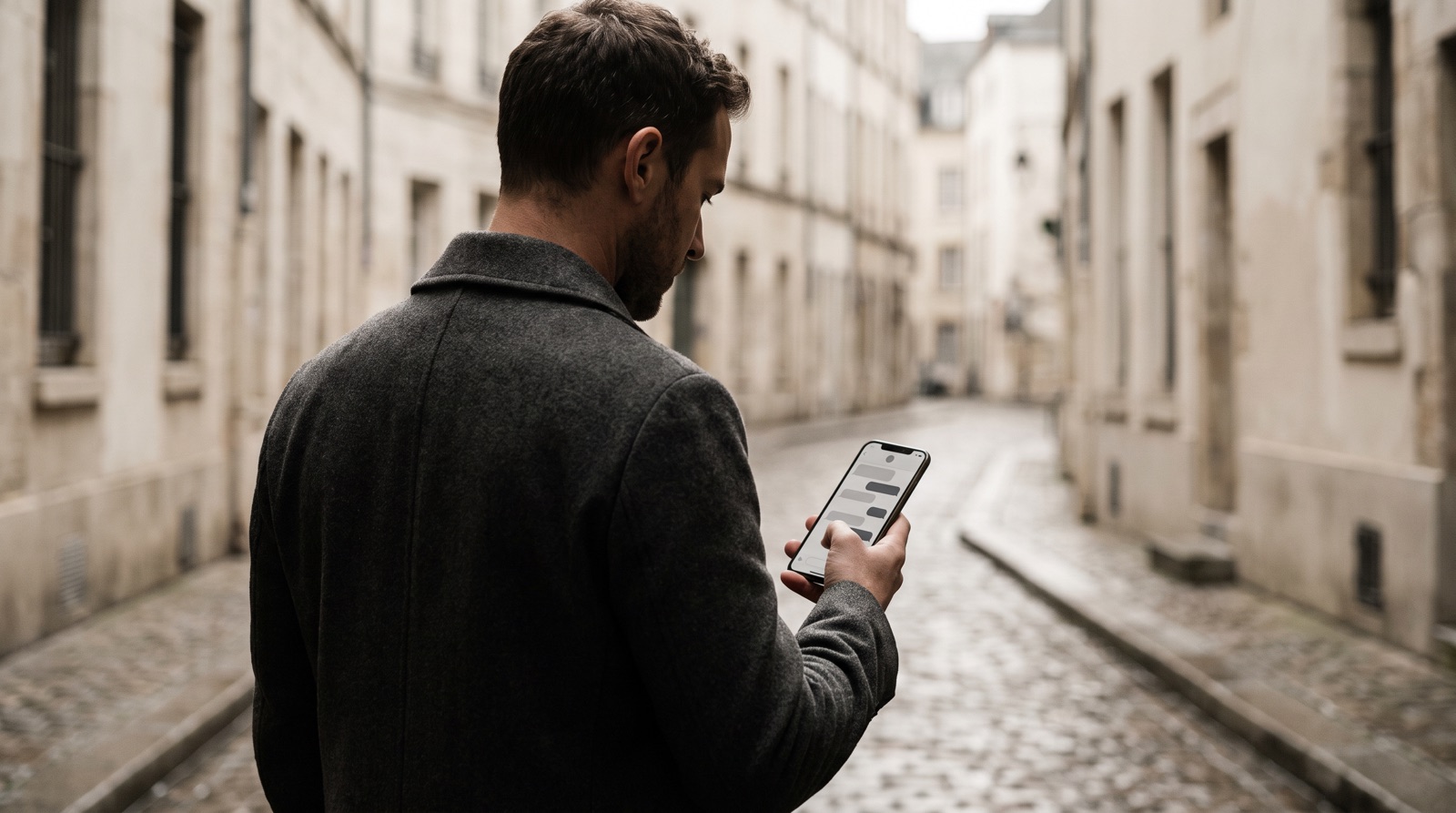 Seen over his shoulder, a man in his thirties in a dark grey wool overcoat walks down a narrow cobbled street of pale stone facades, head tilted down, reading a plain messaging thread of grey bubbles on the phone in his hand.